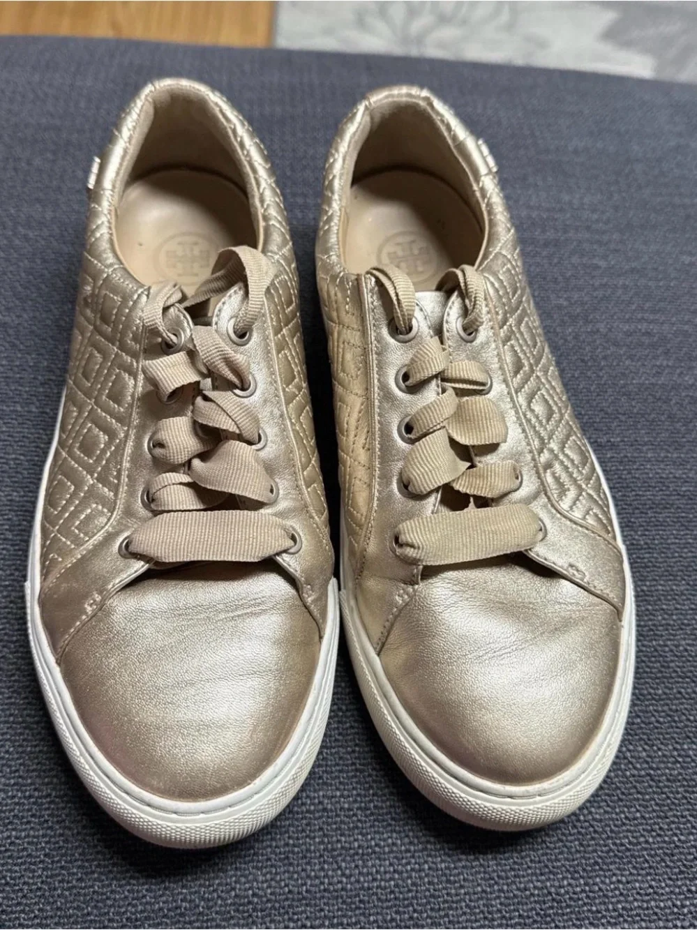 Tory Burch Metallic Champagne Quilted Lace-Up Sneakers
